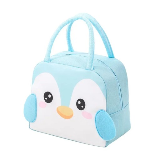Geantă termică pentru copii 23x14x19 cm Culoare albastră Motiv pinguin Geantă izotermă pentru gustări Geantă de prânz pentru școală Fermoar Portabilă Ușoară