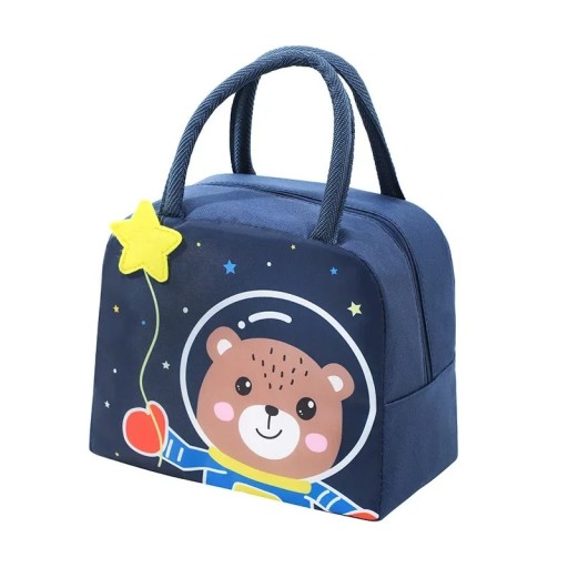 Geantă termică pentru copii 23x14x19 cm Culoare albastră Motiv ursuleț drăguț Geantă de prânz pentru gustare pentru școală Strat de izolație Fermoar Ușoară
