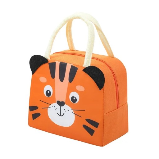 Geantă termică pentru copii 23x14x19 cm, culoare portocalie, cu motiv de tigru drăguț, geantă izolată pentru gustări, geantă de prânz cu fermoar, ușoară, pentru grădiniță și școală