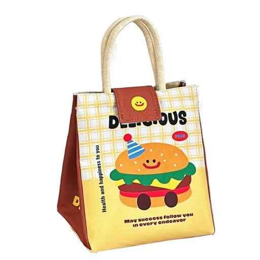 Geantă termo pentru prânz cu motiv de hamburger 19x22,5x17 cm Geantă izolatoare pentru mâncare cu folie de aluminiu, velcro și capse Geantă termo pentru prânz cu motiv de hamburger 19x22,5x17 cm Geantă izolatoare pentru mâncare cu folie de aluminiu, velcro și capse