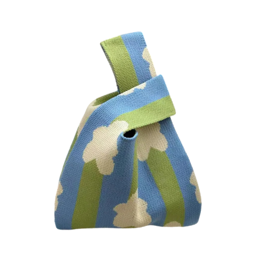 Geantă tricotată pentru femei cu model în dungi și flori 20x35 cm poliester cu căptușeală din bumbac albastru-verde