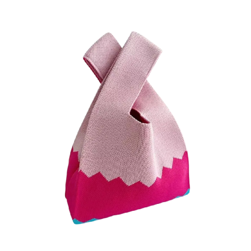 Geantă tricotată pentru femei design bicolor 20x35 cm poliester cu căptușeală din bumbac roz și roz închis geantă pentru utilizare zilnică