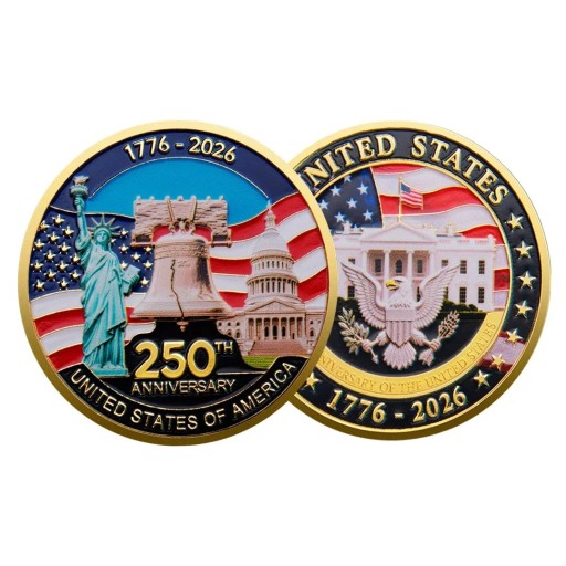 Gedenkmünze 250. Jahrestag der Vereinigten Staaten 1776-2026 Freiheitsstatue Liberty Bell und Weißes Haus Beidseitig 4 cm Vergoldetes Metall mit Amerikanischer Flagge