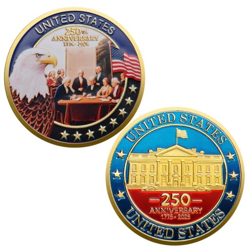 Gedenkmünze 250. Jubiläum USA 1776-2026 Weißes Haus Amerikanischer Adler und Flagge Beidseitig 4 cm Vergoldetes Metall mit Patriotischem Motiv und Sternen