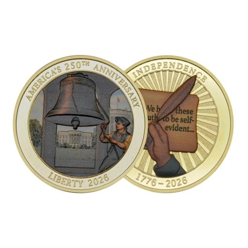 Gedenkmünze Amerika 250. Jahrestag der Unabhängigkeit Liberty 2026 Freiheitsglocke und Deklaration Beidseitig 4 cm Vergoldetes Metall mit Amerikanischer Flagge