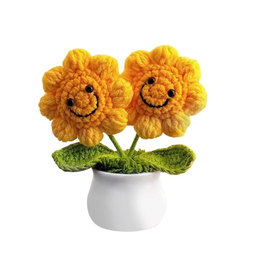 Geflochtene Pflanze doppelte Sonnenblume im Topf 12 cm Wollfaden gelb grün Dekoration für Tisch und Regal in der Wohnung
