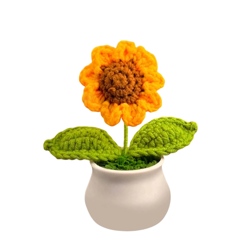 Geflochtene Sonnenblume im Topf 12 cm Wollfaden gelb grün Dekoration für Tisch Regal und Interieur