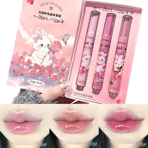 Gege Bear tartós ajakfény hidratáló balzsam Watery Colored Lip Balm szett 3 db Virágos Kert Nyúl a fényes és puha ajkakért
