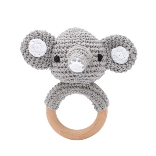 Gehaakt baby rammelaar met houten ring om vast te houden, olifant, ideaal voor de ontwikkeling van motoriek en gehoor