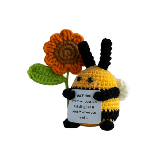 Gehaakte bij met bloem en opschrift voor positieve energie Handgemaakte decoratie Talisman van geluk Origineel cadeau Amulet