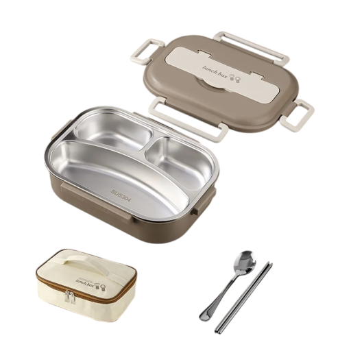 Geïsoleerde lunchbox van roestvrij staal, 1000 ml, 3 compartimenten, draagbaar, met tas, lepel, eetstokjes, lunchthermometer voor school en werk