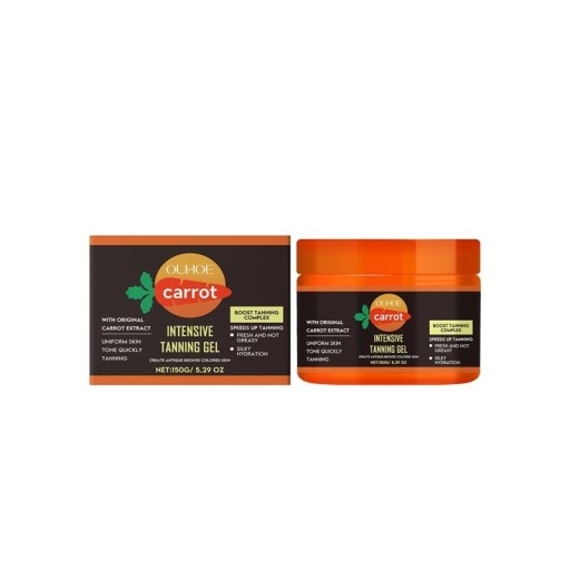 Gel bronzeador de proteção solar com extrato de cenoura e glicerina 150 g em embalagem laranja para um bronzeado rápido e hidratação da pele