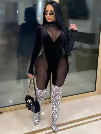Gennemsigtig damejumpsuit med lange ærmer