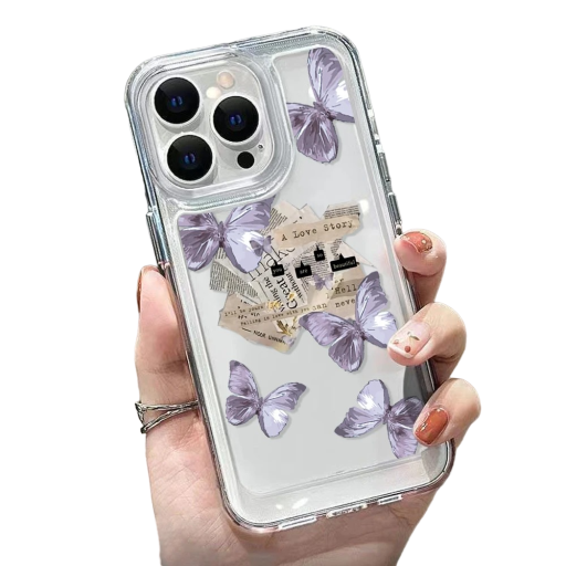Gennemsigtigt beskyttelsesetui til iPhone 15 Plus, lilla sommerfugle