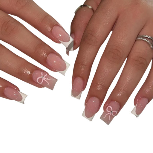 Gentle Nude Look 24 pcs Artificial Acrylic Nails Square Shape with French Manicure and Bows for Home Manicure