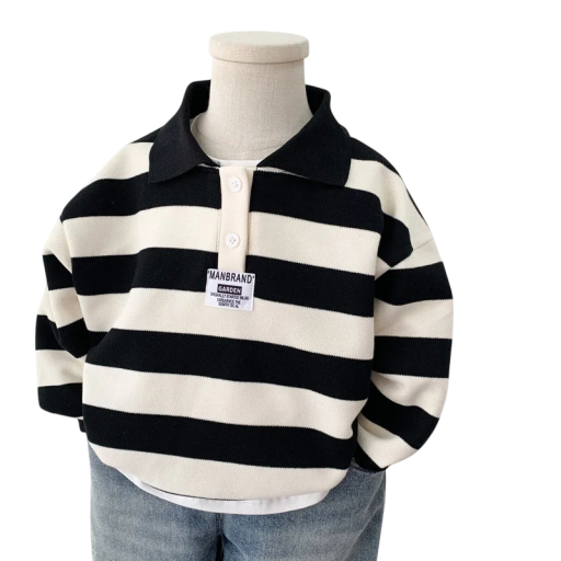 Gestreifter Kinderpullover mit Knopfkrause Baumwolle und Polyester Schwarz-weißer Langarm-Top Frühlingsmodepullover für Jungen und Mädchen