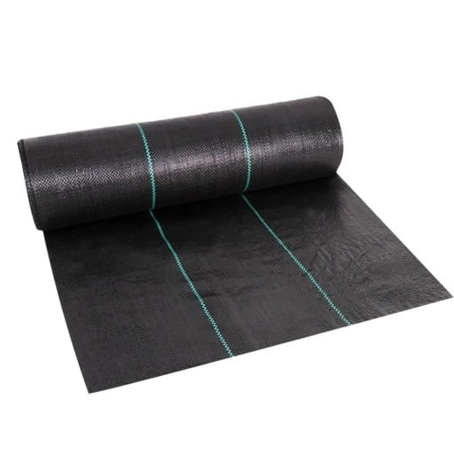 Geweven mulchdoek tegen onkruid waterdoorlatend afmeting 100 x 1000 cm van PE zwart onder grind stenen en voor groente- en bloembedden
