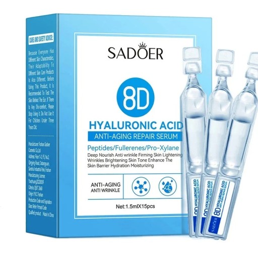 Gezichtserum tegen rimpels 15 stuks ampullen 1,5 ml met 8D hyaluronzuur, peptiden en pro-xylan voor hydratatie en een gladde huid