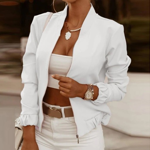 Giacca corta da donna primaverile con colletto e chiusura a zip Maniche arricciate con polsini elasticizzati Orlo arricciato Poliestere