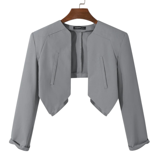 Giacca crop top da uomo in poliestere Giacca corta moderna per uomo senza chiusura con tasche Giacca stilosa irregolare in vari colori