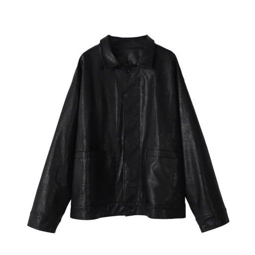 Giacca donna oversized in pelle sintetica Nera Spalle basse Collo risvoltato Due tasche frontali Superficie strutturata Da abbinare a gonne