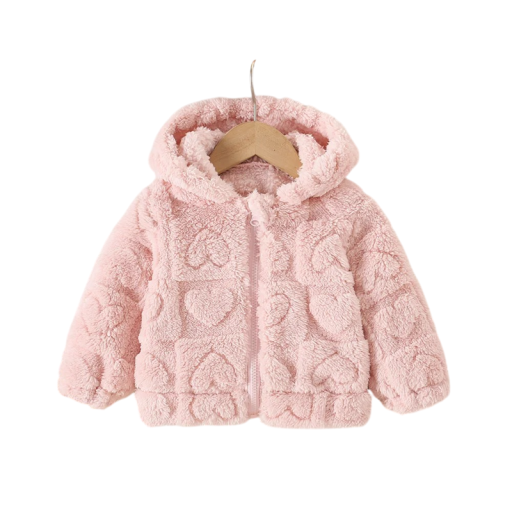 Giacca invernale per ragazze con zip in peluche con cappuccio e motivo cuori Giacca in poliestere caldo per piccole signorine Abbigliamento