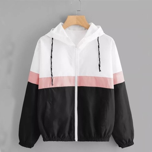 Giacca primavera donna con cappuccio e strisce colorate Parte superiore bianca Chiusura con zip Coulisse Due tasche Polsini elasticizzati