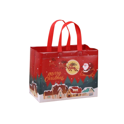 Gift Bag with Christmas Motif of Cartoon Santa Claus with Moose and Houses 32 x 25 cm Non-Woven Fabric Reusable Gift Bag