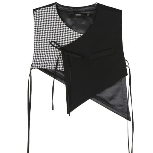 Gilet da donna asimmetrico senza maniche con legatura Nero con parte in motivo pied de poule Scollatura a V e tasca Cotone Sopra camicia o blusa