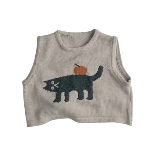 Gilet en tricot pour enfants Pull en coton sans manches Beige avec un dessin de chat et de pomme Gilet printanier et automnal mignon