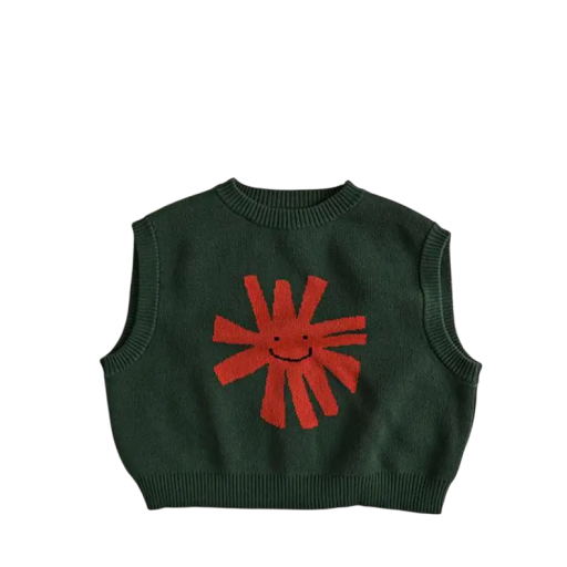 Gilet en tricot pour enfants Pull en coton sans manches Vert avec un soleil Gilet printanier et automnal mignon pour garçons et filles