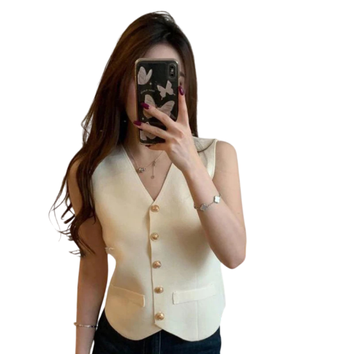 Gilet femme uni avec décolleté en V et poches Gilet élégant et universel avec fermeture à boutons en polyester disponible en plusieurs couleurs