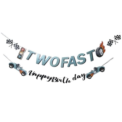 Girlanda Two Fast Happy Birthday 10 x 12 cm Race thema Verjaardagsdecoratie voor kinderfeestje