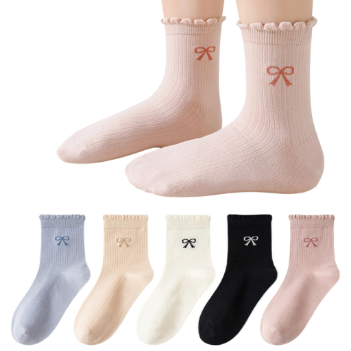 Girls' Children's Socks 3 Pairs Random Colours Socks with Bow Pattern Polyester Elastane Elastic Comfortable Socks for Kids