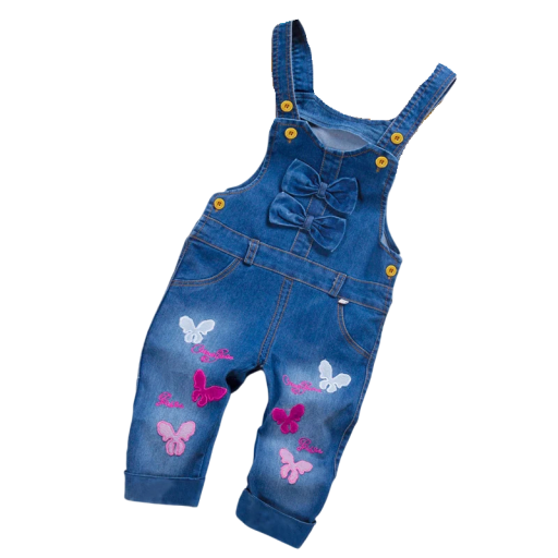 Girls' Denim Dungarees with Embroidery Long Trousers Adjustable Button Straps Pockets Comfortable Overall Made of Cotton and Polyester Stylish Children's Trousers