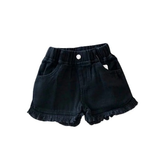 Girls' Denim Look Shorts with Elastic Waistband, Fringed Hem and Pockets - Summer Shorts for Girls