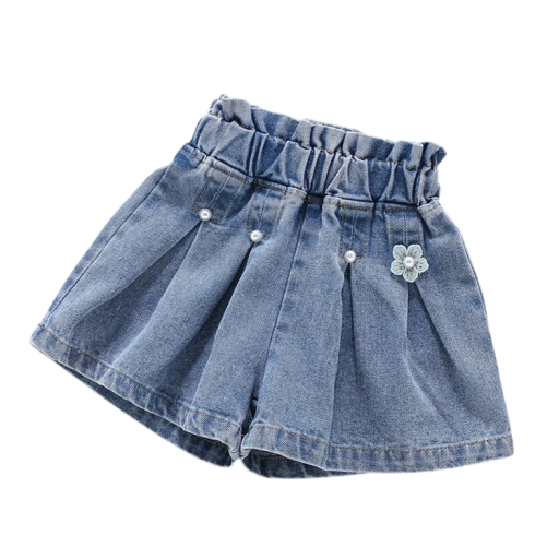 Girls' Denim Shorts with Decorative Flower, Gathered Elastic Waistband and Pockets, Blue Denim Shorts for Girls for Summer