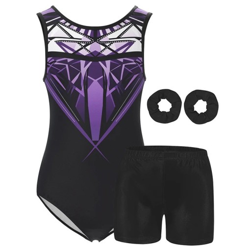 Girls' Gymnastics Set Black Bodysuit with Purple Geometric Print, Shiny Shorts and 2 Hair Scrunchies, Polyester and Elastane