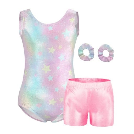 Girls' Gymnastics Set Pastel Bodysuit with Star Print, Pink Shiny Shorts and 2 Hair Ties Polyester and Elastane