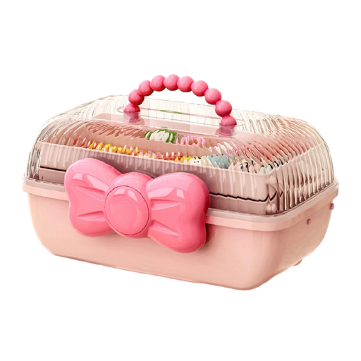 Girls' Hair Accessories Organiser with Rotating Lock and Bow 27.5x14.5 cm PP Plastic Box for Hair Ties Clips and Jewellery