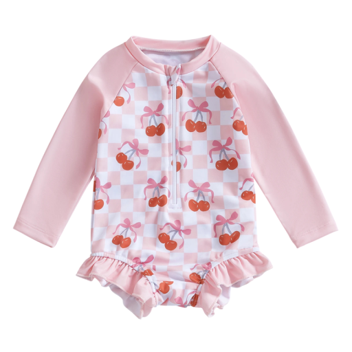 Girls' Pink One-Piece Swimsuit for Toddlers with Long Sleeves and Cherries on a Checked Background with Zip and Ruffles Above the Legs