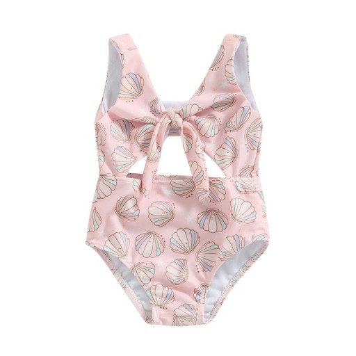 Girls' Pink One-Piece Swimsuit for Toddlers with Shell and Star Print, Bow Tie, Waist Cut-Out and Wide Straps