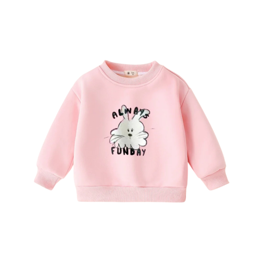 Girls' Pink Rabbit Print Sweatshirt with Round Neck and Long Sleeves for Girls