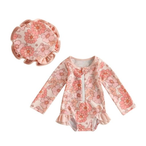 Girls' Salmon One-Piece Swimsuit for Infants with Long Sleeves and Large Flowers with Ruffles Above the Leg Openings and a Cap