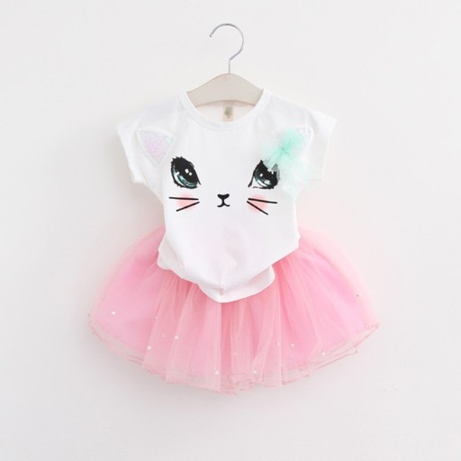 Girls' Set - T-Shirt + Skirt with Cat J1895