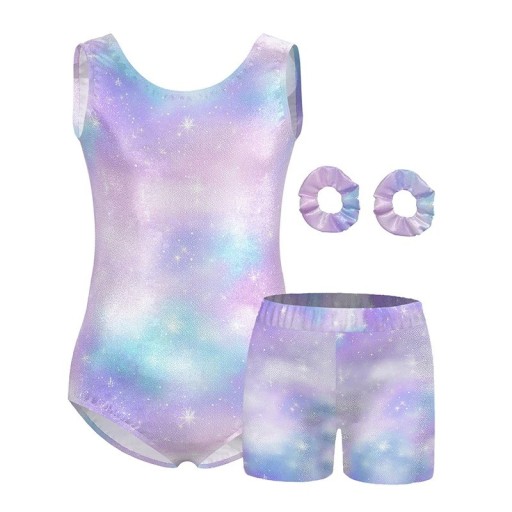 Girls' Sleeveless Gymnastics Bodysuit Set with Galaxy Print, Shiny Shorts and 2 Hair Scrunchies, Polyester and Elastane