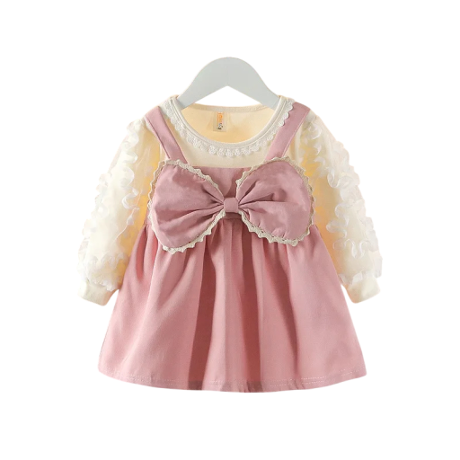 Girls' Summer Dress with Long Decorative Tulle Sleeves and Bow with Round Neckline for Infants for Celebrations and Everyday Wear