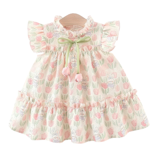 Girls' Summer Dress with Tulip and Bunny Print and Bow with Short Cap Sleeves for Little Ones in Pink for Summer and Celebrations
