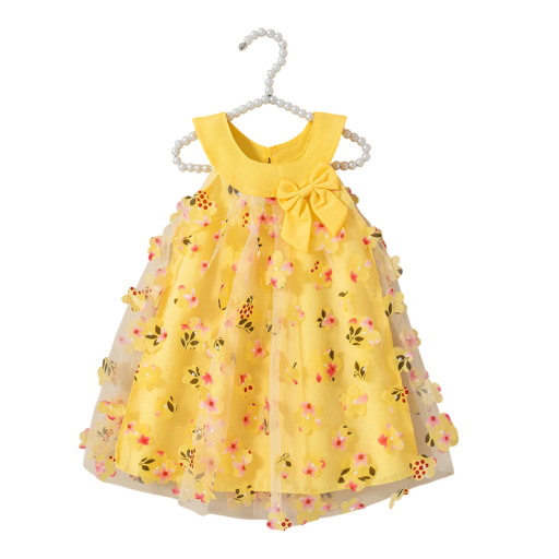 Girls' Summer Dresses with Floral Pattern and Bow on Straps with Mesh and Round Neckline for Celebrations, Balls and Everyday Wear
