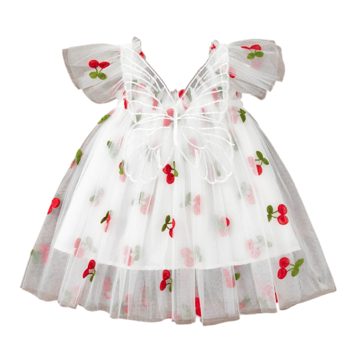 Girls' Summer Princess Dress with Butterfly Wings and Floral Embroidery with Tulle Skirt for Little Ones for Celebrations and Photography